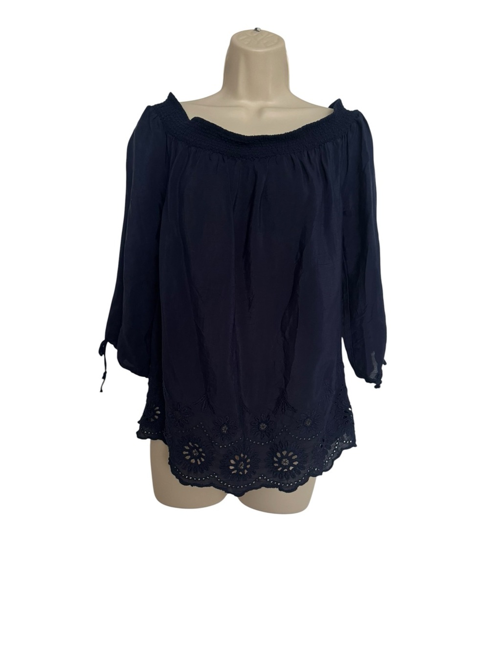 Lucky Brand Navy Off-Shoulder Eyelet Hem Top Sz Small